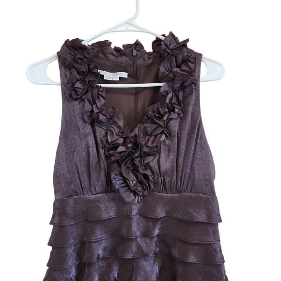 Maggy London Elegant Shimmer Brown Rosette Ruffle Tiered Evening Dress Size 8 - Picture 3 of 6